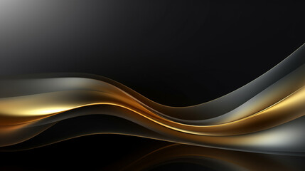 black background with gold lines curved wavy sparkle with copy space for text. Black luxury background with golden ribbon elements and glitter light effect decoration and stars. Luxury style template.