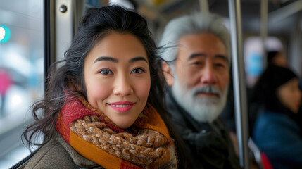 Asian middle aged couple riding together in a bus, focus on the woman.