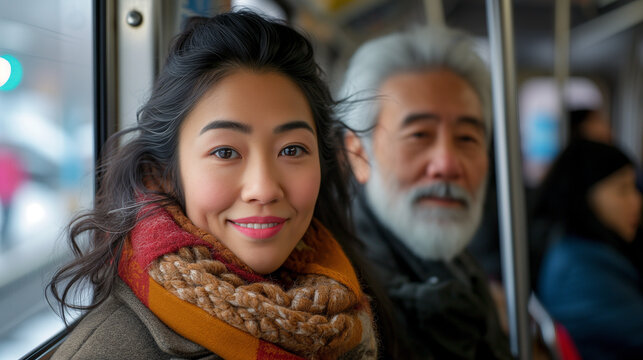 Asian Middle Aged Couple Riding Together In A Bus, Focus On The Woman.