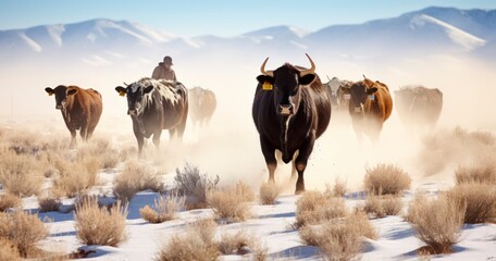 Cows and Cowboys Braving Chilly Winds and Snow Flurries on Their Way to Winter Feedlands - obrazy, fototapety, plakaty