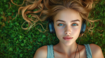 Naklejka premium Close up of a woman laying on the grass wearing a headphones