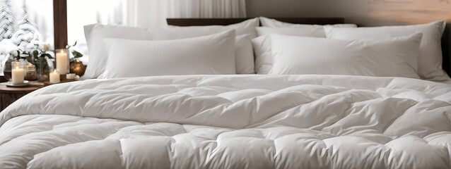 Fototapeta na wymiar A white duvet gracefully placed on a bed, capturing the essence of winter serenity and the comforting ambiance of a well-prepared bedroom.