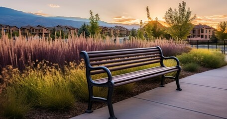 Metal Benches in a Picturesque Park, Offering Views of Homes Against a Mountainous and Bright Sky Backdrop