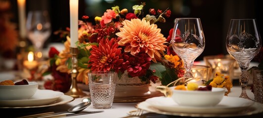 event table setting with chrysanthemum flower arrangement, ai