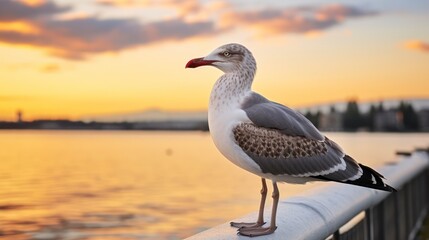 Fototapeta premium Seaside Serenity - Capturing the Graceful Pose of a Seagull on a Pier at Sunset