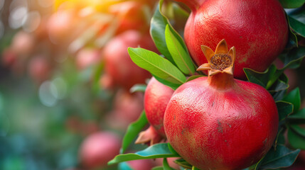 Ripe pomegranate fruit on tree branch. Ripe pomegranate fruits hanging on a tree branches in the garden. Harvest concept. Sunset light. soft selective focus, space for text. Healthy pomegranate fruit 