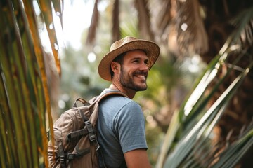 Happy man with hat and backpack in front of palm tree.