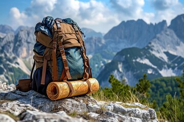 Hiking backpack with mat for mountain trekking.