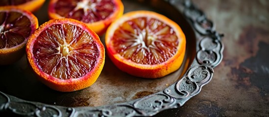 Half of freshly cut, bloody oranges on a vintage metal tray with selective focus.