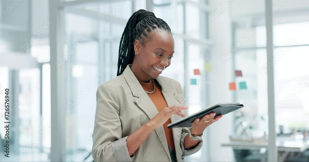 Leinwandbilder Business, black woman and tablet with typing, funny and internet with email notification and message. Person, employee and worker with technology or mobile user with meme and contact with digital app