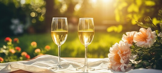 champagne picnic date in the park with flowers, ai - obrazy, fototapety, plakaty