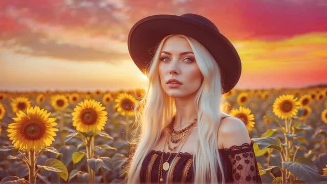 Motion pale skinned woman wearing boho style in sunflower field at sunset

