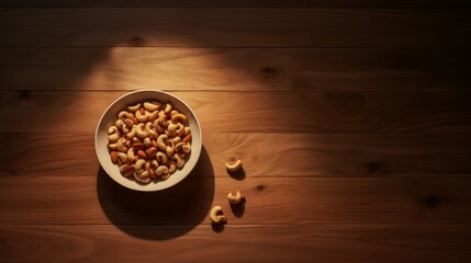 Tasty cashew nuts in bowl on wooden table. Neural network AI generated art
