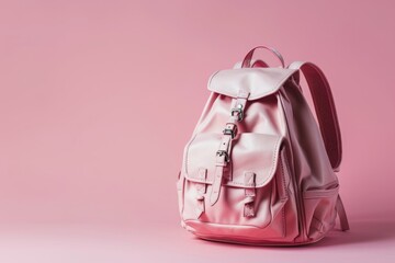 Pastel school backpack on pink background.
