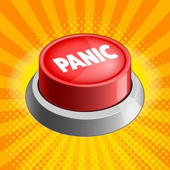 Panic red button on yellow colorful bright background vector illustration. Concept illustration. Hand drawn color vector illustration.