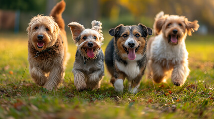 Group of various breeds of dogs running around and having a good time at doggy day care park.