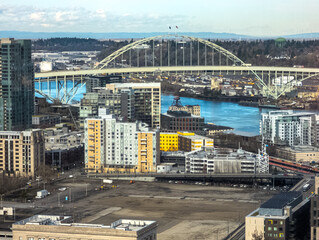 Views of Portland from a high point in the city. View from the window of the Portland City Grill...