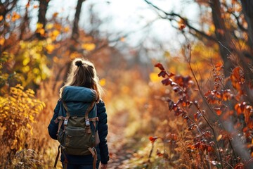 Naklejka premium Autumn forest hike Solo woman backpacker outdoors.