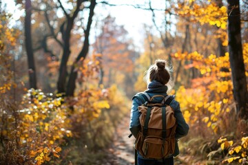 Fototapeta premium Autumn forest hike Solo woman backpacker outdoors.