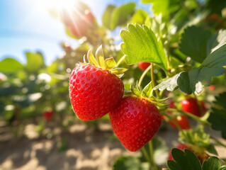 A close-up of a vibrant strawberry field with ripe berries ready for picking. 
