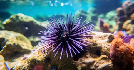Naklejka na ściany i meble The Black Long-Spine Urchin of the Coral Reef. Diadema setosum is a species of long-spined sea urchin belonging to the family Diadematidae