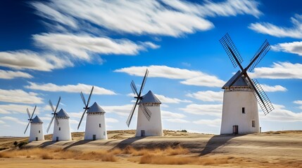 Windmills near Mota del Cuervo, Toledo, Castilla La Mancha, Spain - obrazy, fototapety, plakaty