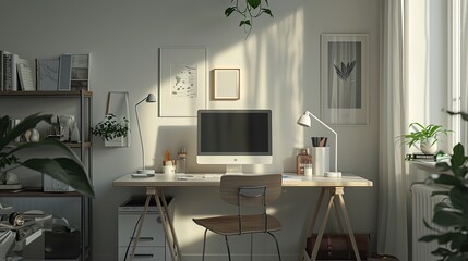 A serene minimalist home office setup with a clean desk, modern computer, and houseplants basking in the soothing morning sunlight.