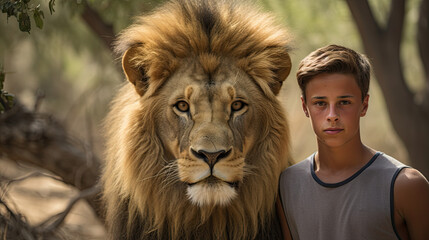 Young boy standing in front of a male lion