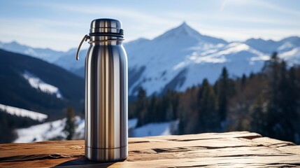 Winter mountain adventure  gray metal vacuum flask thermo cup for drinks, empty space for text - obrazy, fototapety, plakaty