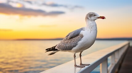 Obraz premium A Seagull Stands Watch on a Pier Against the Backdrop of a Sunset Sea