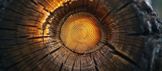 A view through a log's cut end showing the concentric growth ring pattern.