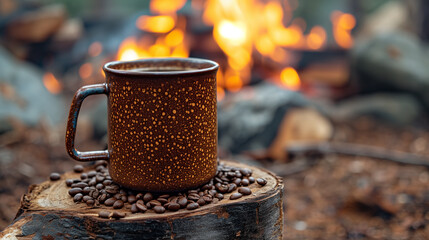 Coffee mug by camp bonfire in the morning with freshly roasted beans.