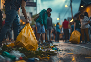 Lots of trash left after a street party. People having fun at a street party while volunteers collect trash around them. Disrespectful and sensitive contrast concept. - obrazy, fototapety, plakaty
