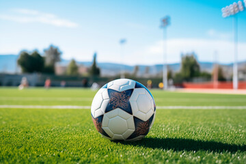 Pelota de futbol soccer moderna colocada sobre el cesped de un estadio en tarde soleada. Creada con IA - obrazy, fototapety, plakaty