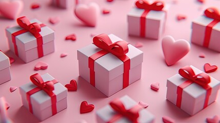 Close-up of Valentine's Day gifts wrapped with red bows, surrounded by hearts on a pink background, symbolizing love and affection.