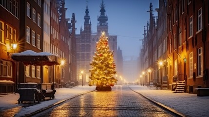 A Beautiful Christmas Tree Illuminates the Old Town on a Wintry Night - obrazy, fototapety, plakaty