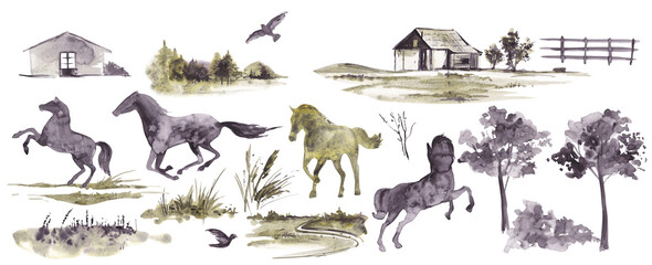 Abstract landscape with an old house, grasses, trees, birds, horses and a fence. Watercolor illustration on a transparent background. - obrazy, fototapety, plakaty