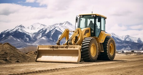 Fototapeta na wymiar Front View of a Yellow Bulldozer, Dominating the Road with Snowy Mountains and Overcast Sky as a Backdrop
