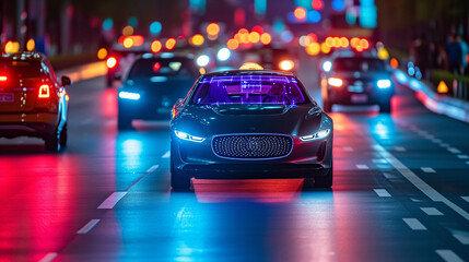 Luxury sedan driving on the street, utilizing driver assist technologies.  - obrazy, fototapety, plakaty