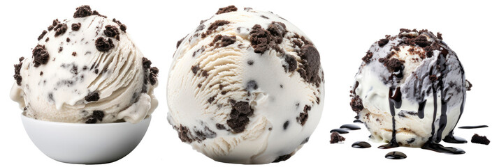 Set of cookies and cream ice cream ball, isolated on transparent background