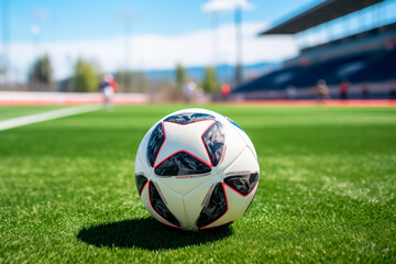 Pelota de futbol con diseño de estrella colocada sobre el cesped de un estadio en tarde soleada. Creada con IA - obrazy, fototapety, plakaty