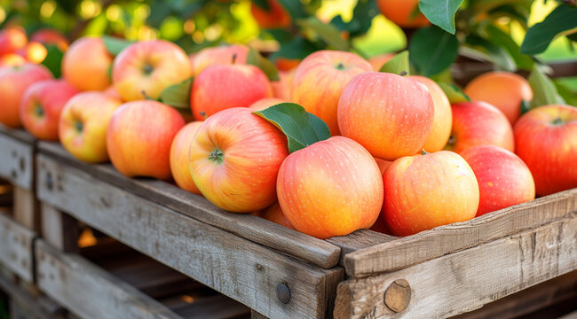 Crisp apples with a blush of pink and yellow fill a rustic wooden crate in a sunlit orchard, offering a picture of bountiful harvest