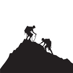 Vector silhouette of mountaineer on white background. Symbol of mountaineering.