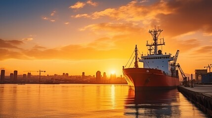 Sun is going down against beautiful sky at the dock with mooring vessel. Cargo ship in the harbor at commercial port at sunset time - obrazy, fototapety, plakaty