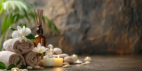 Foto auf Acrylglas Spa Skincare, spa, health and massage or relaxation concept. Candle, spa and relax with natural aromatherapy treatment in a room for luxury or wellness on wooden tray. Copy paste place for text