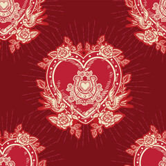 Romantic Heart hand drawn  Love Theme Tattoo art  seamless pattern in trendy retro style.