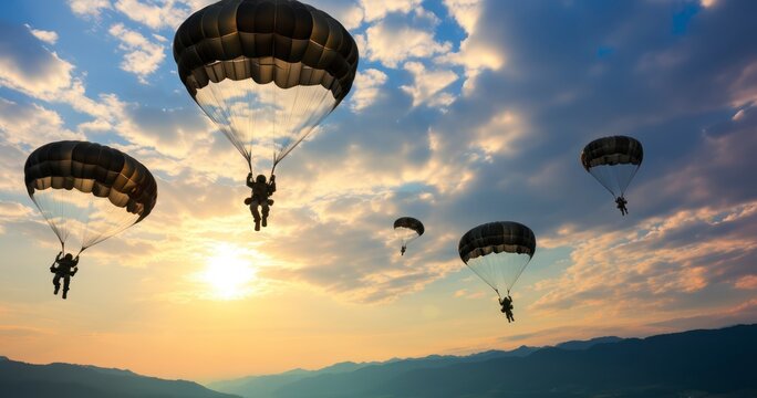 Brave Descent - Military Paratroopers Gracefully Landing with Parachutes in a Coordinated Display
