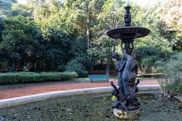 Beautiful Statue and Fountain with Green Trees and Plants at the Buenos Aires Botanical Garden