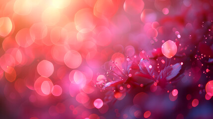 a close-up of a flower with dew drops on it, set against a pink background with bokeh effects.