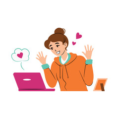 Happy girl having chat online, cheering, greeting